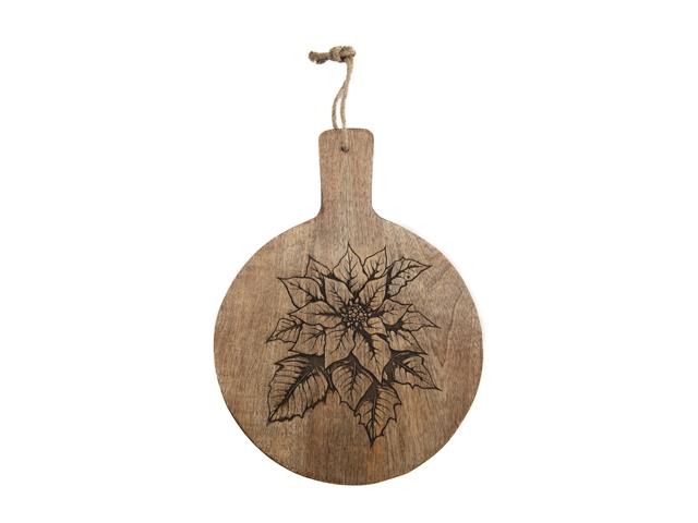 10" MANGO WOOD ROUND ETCHED CHEESE BOARD (POINSETTIA)